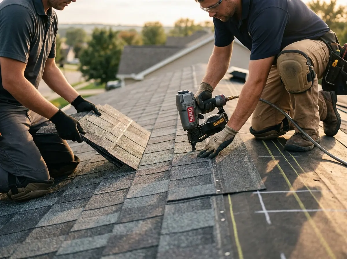 Professional roofer working on a residential roof in Tulsa